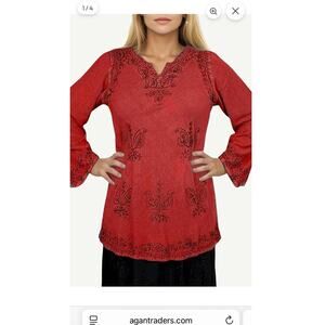 AGAN TRADERS BOHO INDIA RAYON LAGENWEAR ARTISAN EMBROIDERED TUNIC BRICK RED L